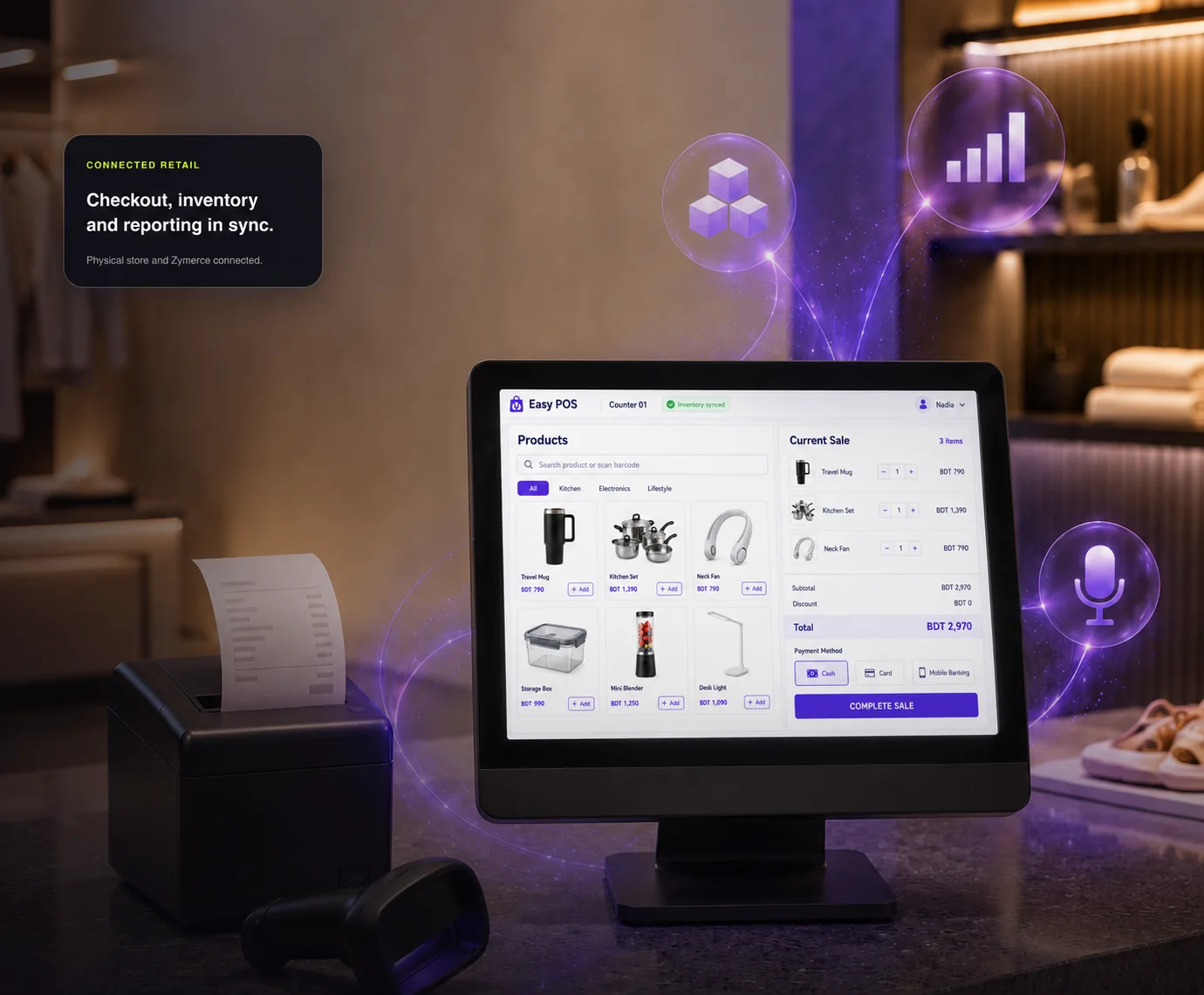 Easy POS showcase: retail checkout terminal, receipt printer and connected inventory