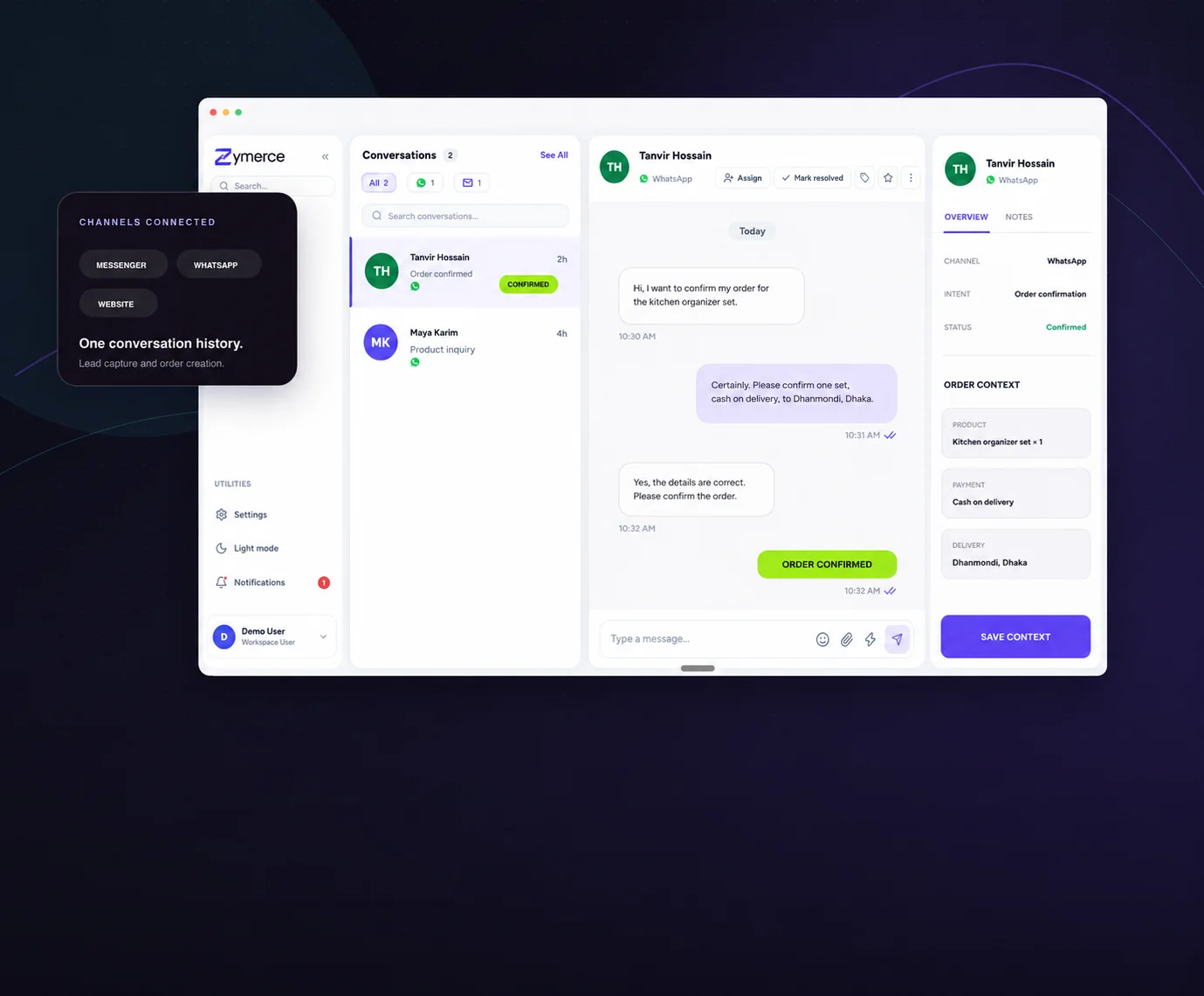 Zymerce Unified Inbox showcase: connected channels and order confirmation conversation